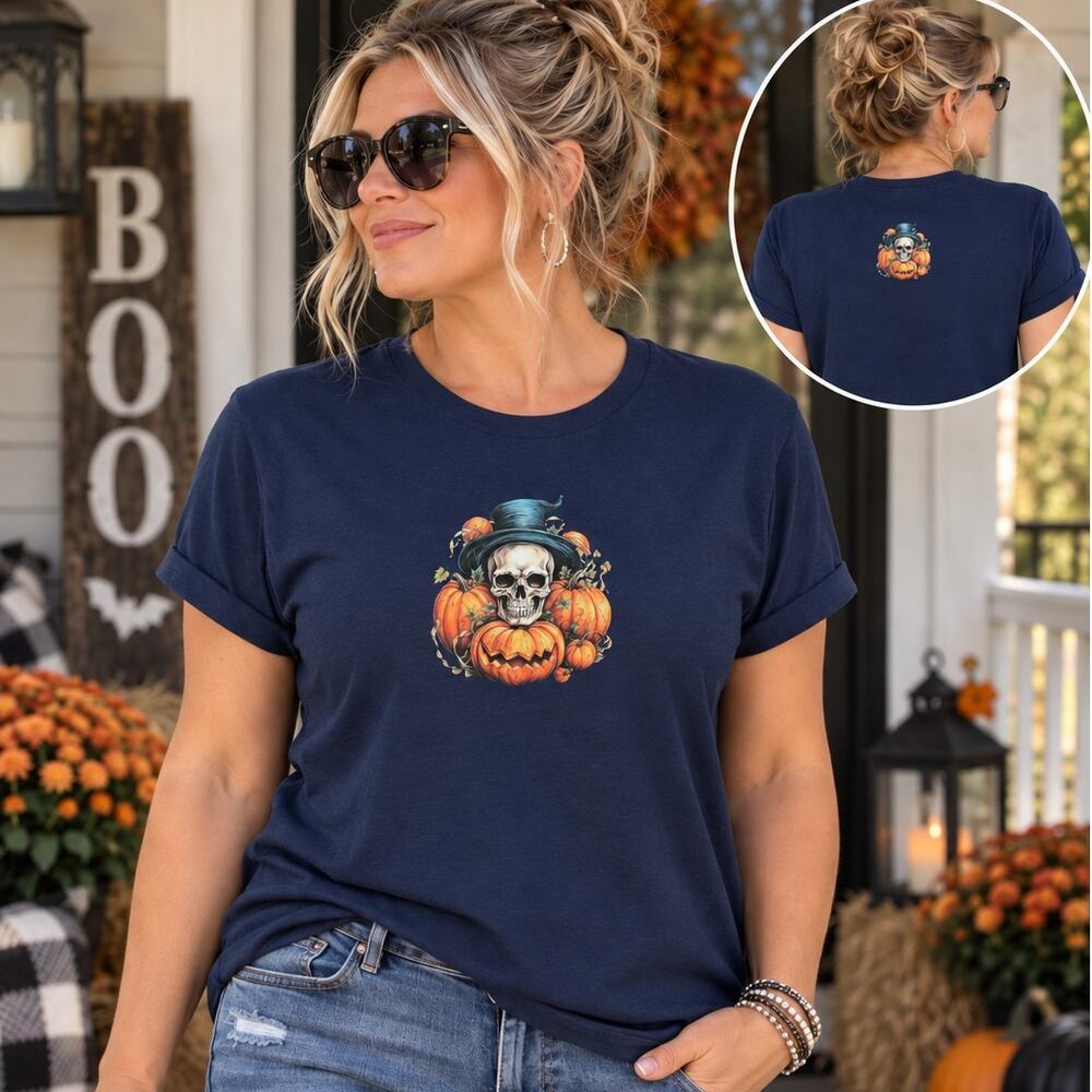Custom Anvil Halloween Skull Pumpkin Graphic T-Shirt Medium Dark Blue